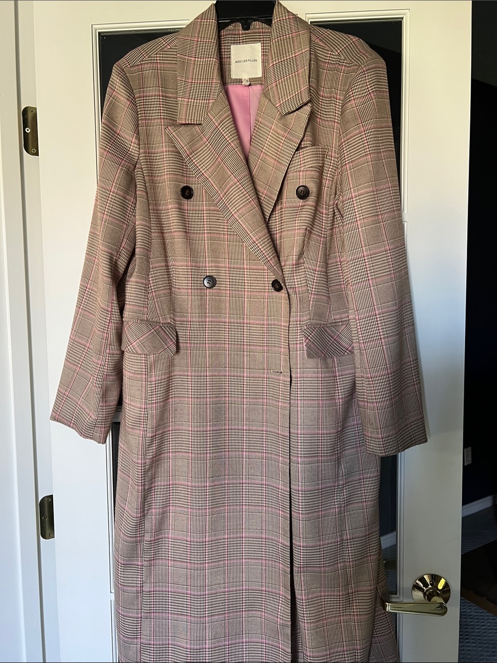 Avec Les Filles Brown and Pink Plaid Double-Breasted Lined Long Coat XL